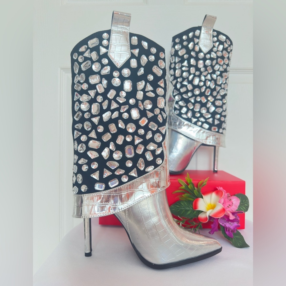 Lauren Lorraine Silver Crystal Rhinestone Western Stiletto Boots Black Suede - Picture 8 of 11